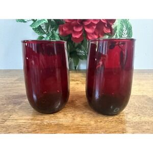 Vintage Ruby Red Stemless Glasses Holiday Cordial Set MCM Bar Cart Barware Retro